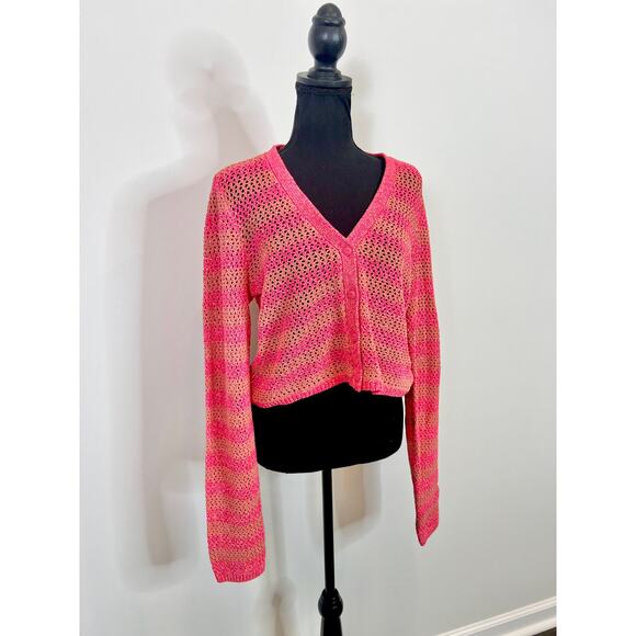 Rag & Bone Carson Cropped Crochet Cardigan Pink Multi Striped Large Button Front - Picture 3 of 8